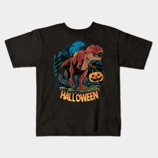 halloween t-rex dinosaur brings pumpkin Kids T-Shirt